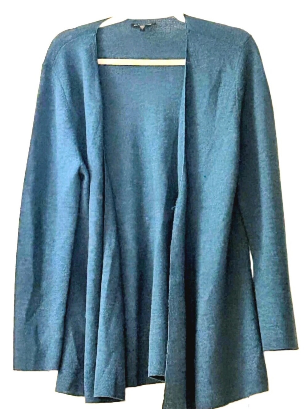 Eileen Fisher Wool Cardigan Sweater Size L Teal Green Open Front Knit Good